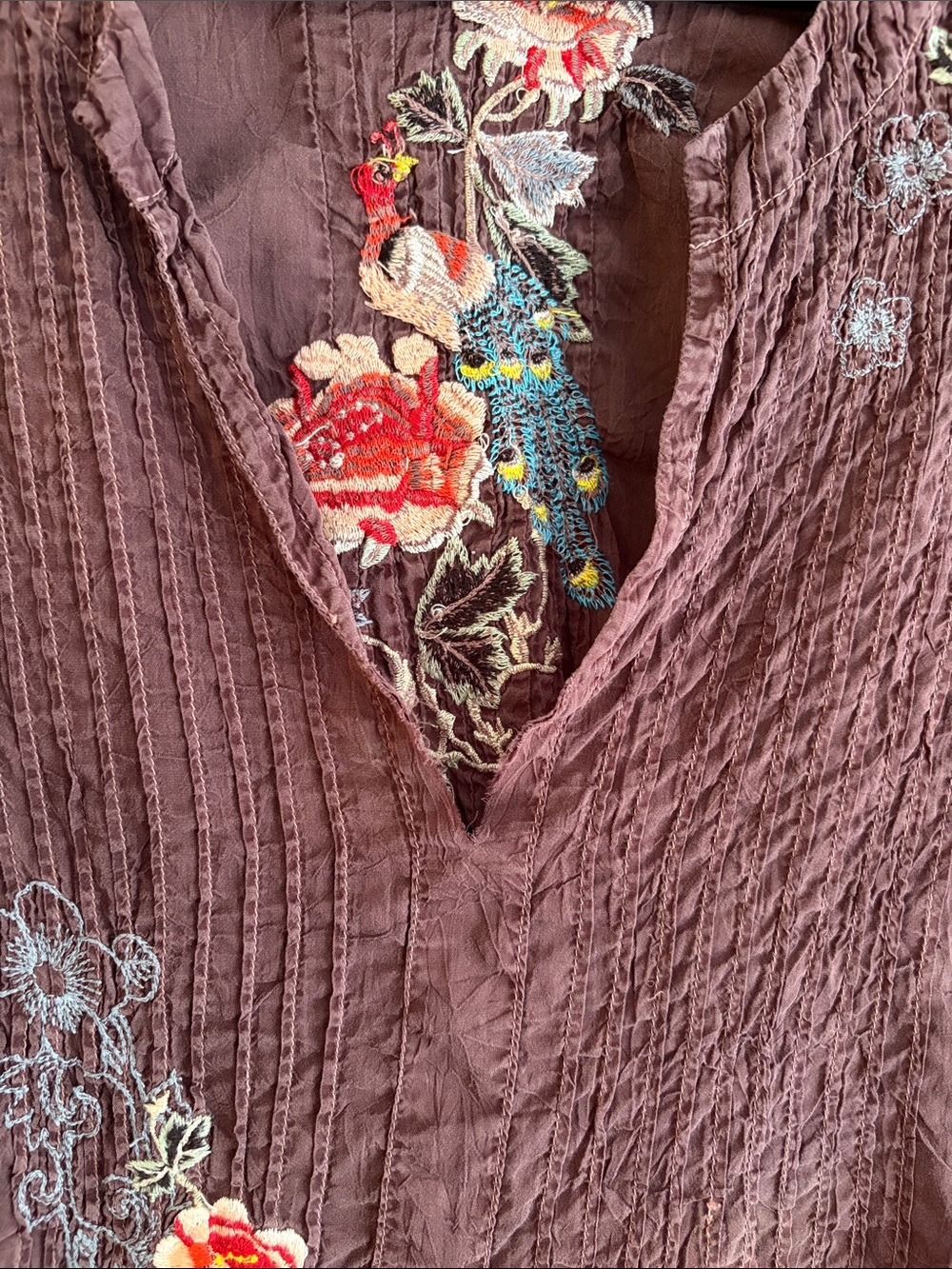 Johnny Was Plum Embroidered V-Neck Tunic Top with Red Floral Accents - Picture 7 of 11